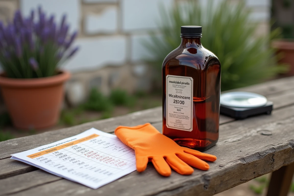 Nature morte avec un flacon de glyphosate 360, des gants de protection et une fiche de prix en euros sur une table en bois rustique au Portugal