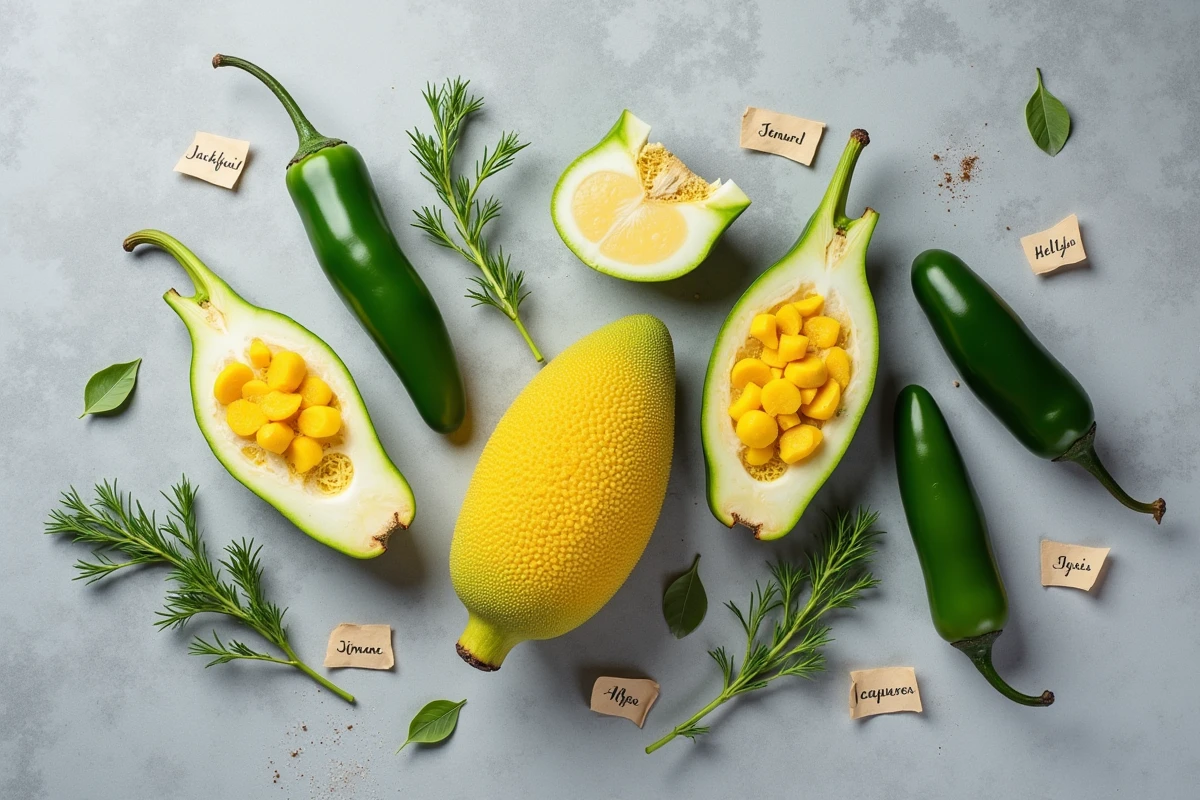 Vue en plongée de fruits et légumes en J sur béton gris, jackfruit ouvert, jalapeños et jicama avec étiquettes artisanales