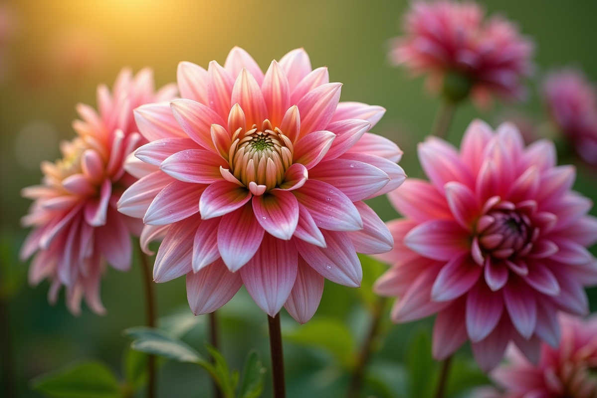 Fleurs de dahlias daphnes et digitales dans un jardin au matin