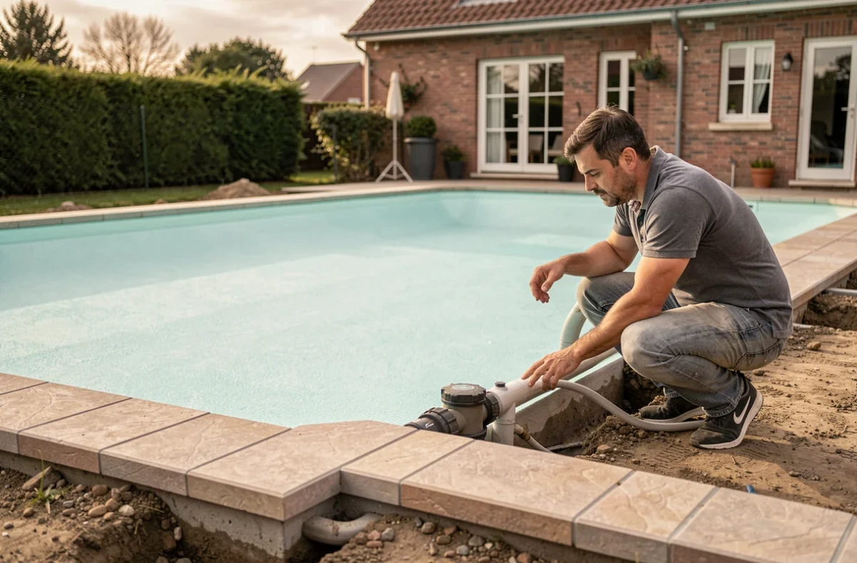 Piscine en composite coque installée dans un jardin résidentiel du Nord avec un technicien raccordant la filtration