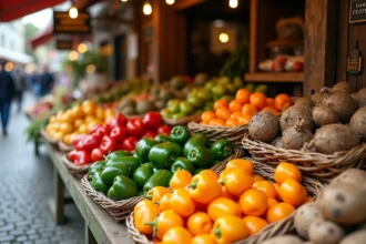 Étal de marché rustique présentant des fruits et légumes en J comme le jicama, les jalapeños et les melons dans des paniers en osier