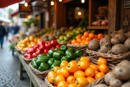 Étal de marché rustique présentant des fruits et légumes en J comme le jicama, les jalapeños et les melons dans des paniers en osier