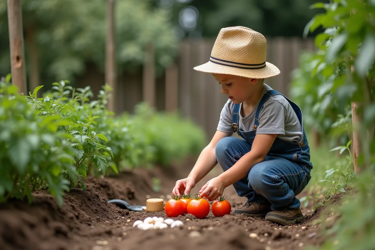 Jeune garçon inspectant des deterrents naturels dans le jardin