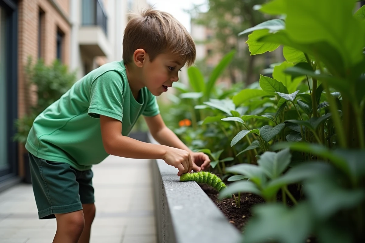 Garçon curieux montre une chenille verte sur une plante