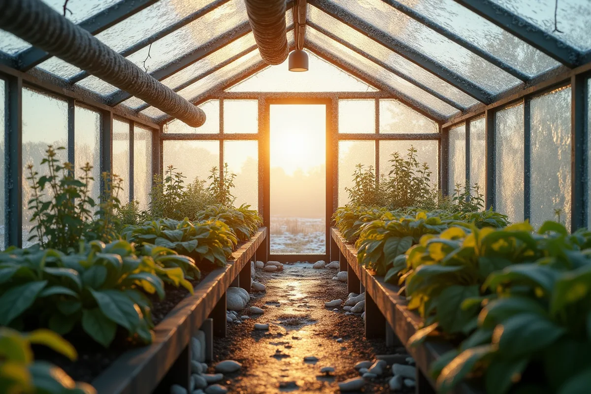 Serre avec plantes, montrant un contraste de température intérieur et extérieur