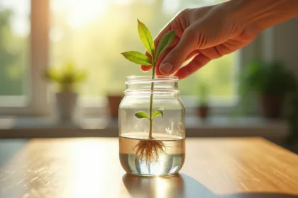 Bouture de plante dans un verre d'eau pour racinage