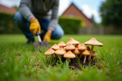 Champignons sur une pelouse avec des zones d'herbe jaunie