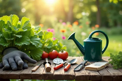 Sécateur en acier trempé sur un fond de jardinage verdoyant
