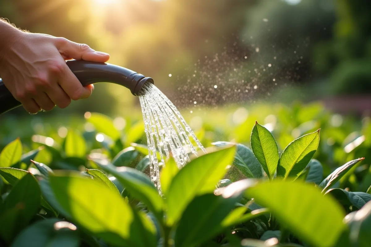 Jardinier arrosant des plantes sous un soleil d'été intense