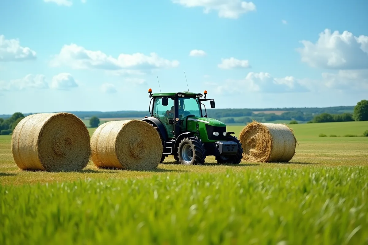 Agriculteur utilisant une machine d'enrubannage dans un champ verdoyant