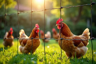 Grillage pour poules en mauvais état avec rouille visible