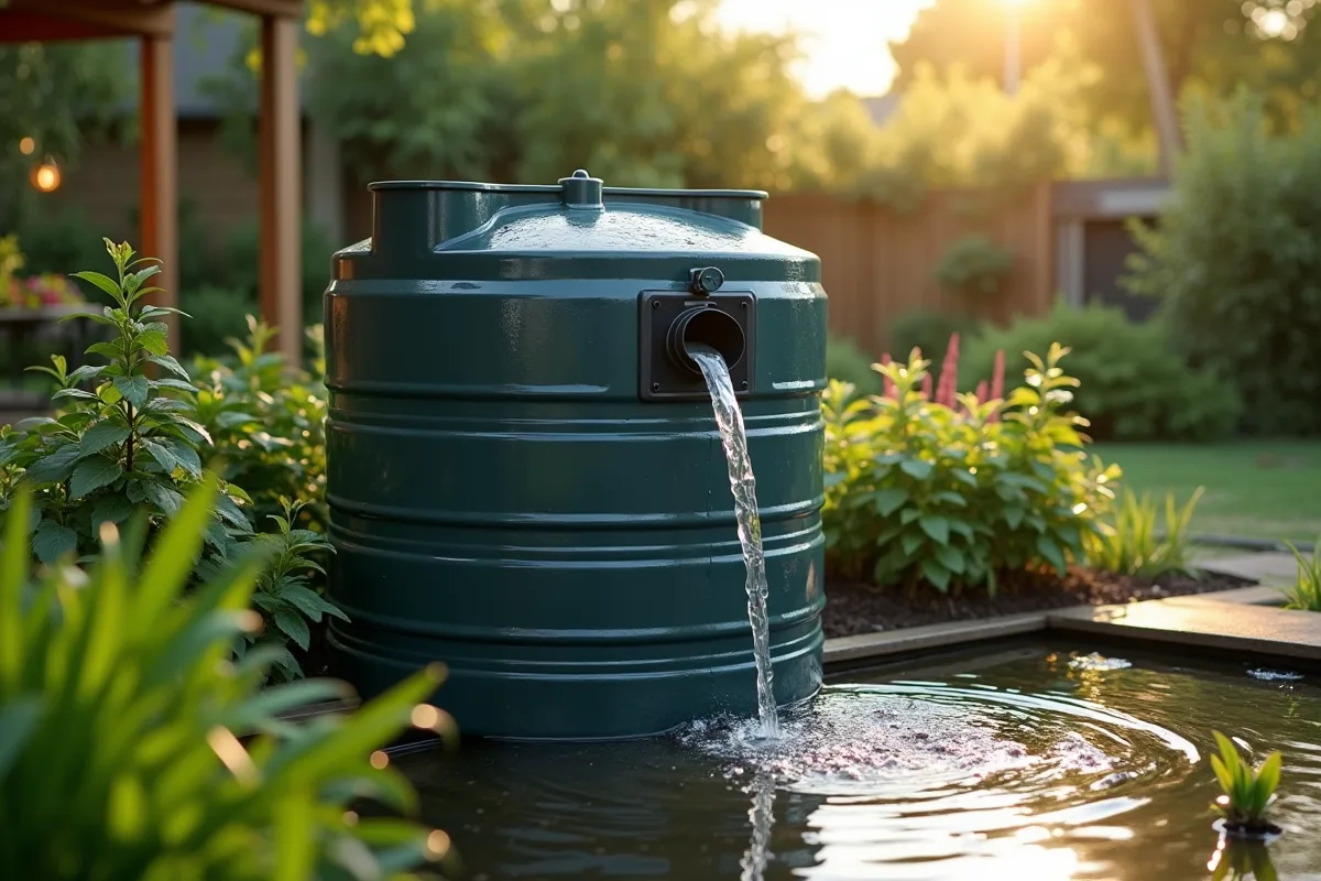 Récupérateur d'eau plein avec des gouttes d'eau sur le réservoir