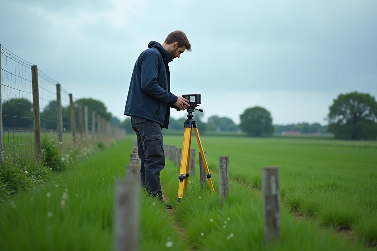 Géomètre mesurant une surface de terrain avec une roue de mesure pour convertir en hectares et en ares