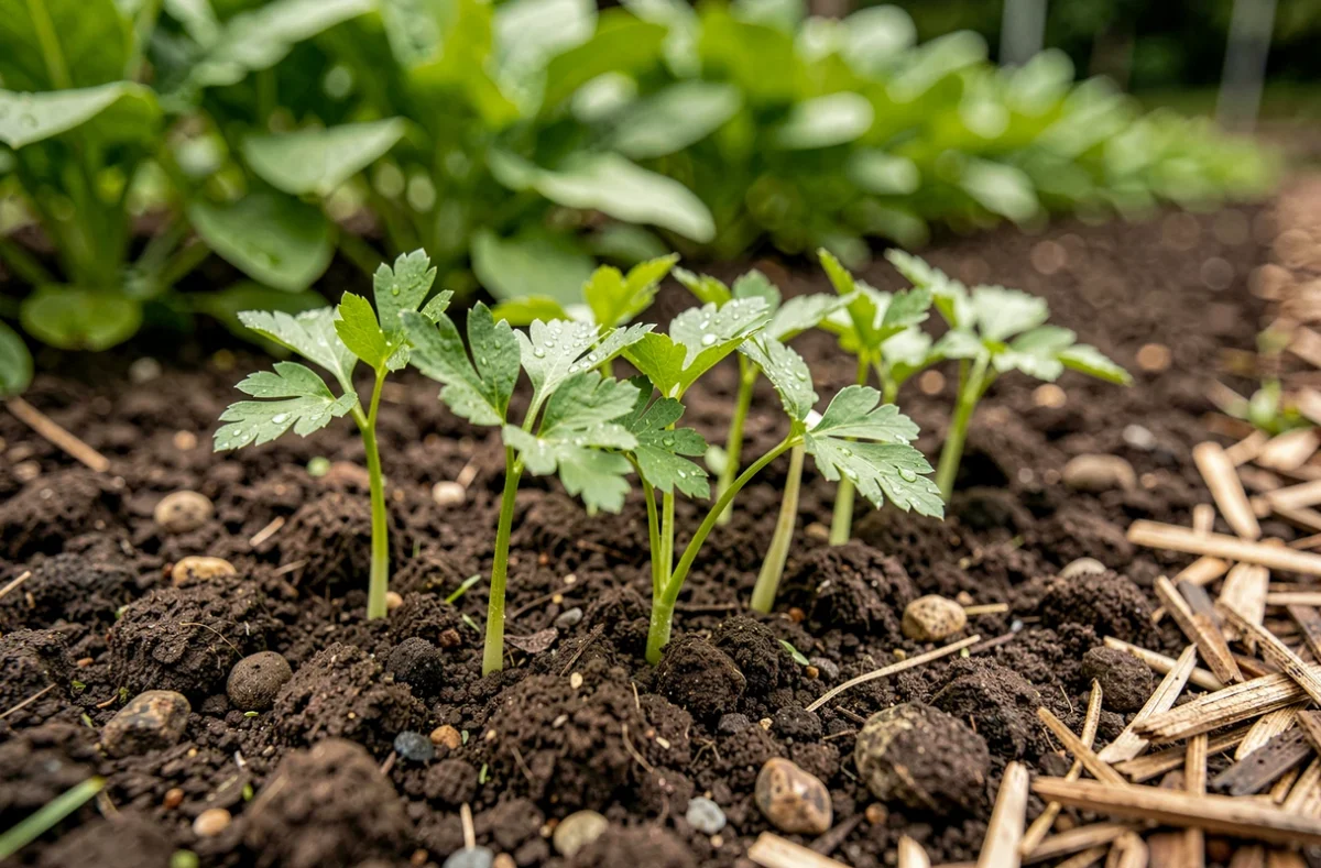 Jeunes pousses de persil germant en pleine terre dans un potager avec des gouttes de rosée sur les feuilles