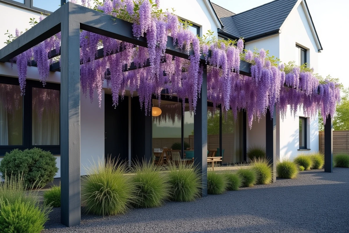 Glycine à fleurs violettes en cascade sur une pergola en acier brut dans un jardin contemporain urbain