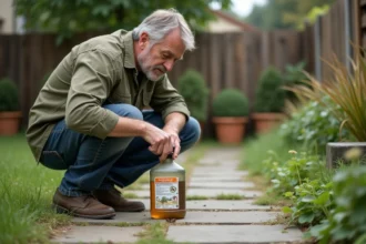 Homme lisant l'étiquette d'un flacon d'herbicide glyphosate d'un litre accroupi sur une allée en pierre envahie par les mauvaises herbes