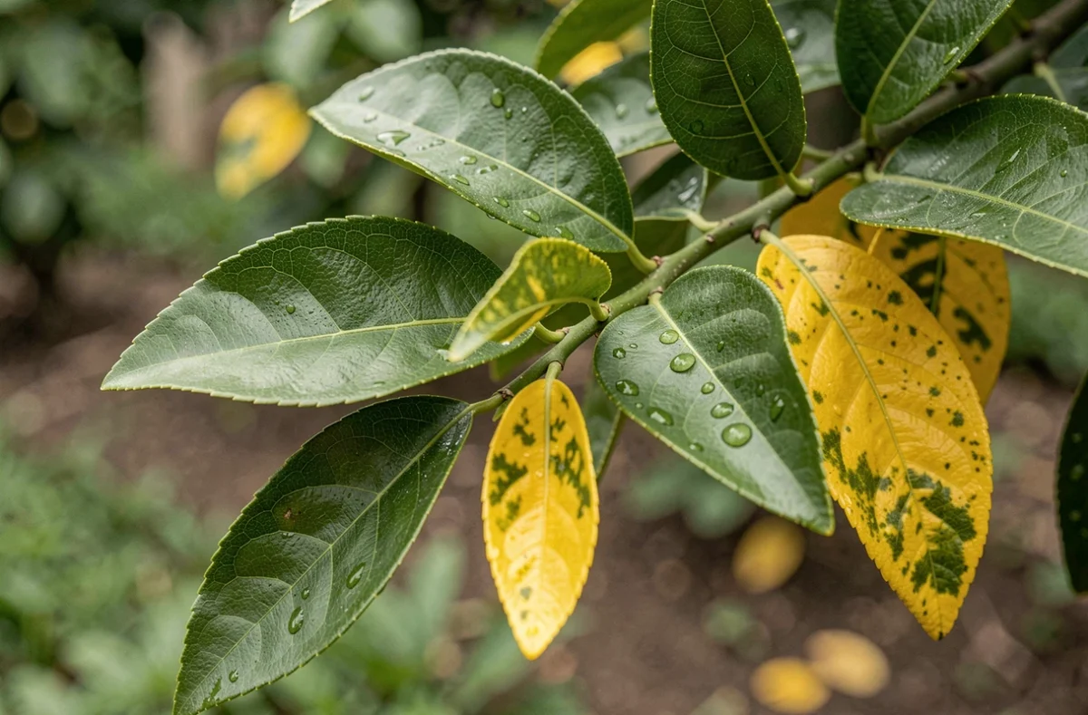 Gros plan sur des feuilles de citronnier montrant la chlorose et le jaunissement internervaire sur une branche