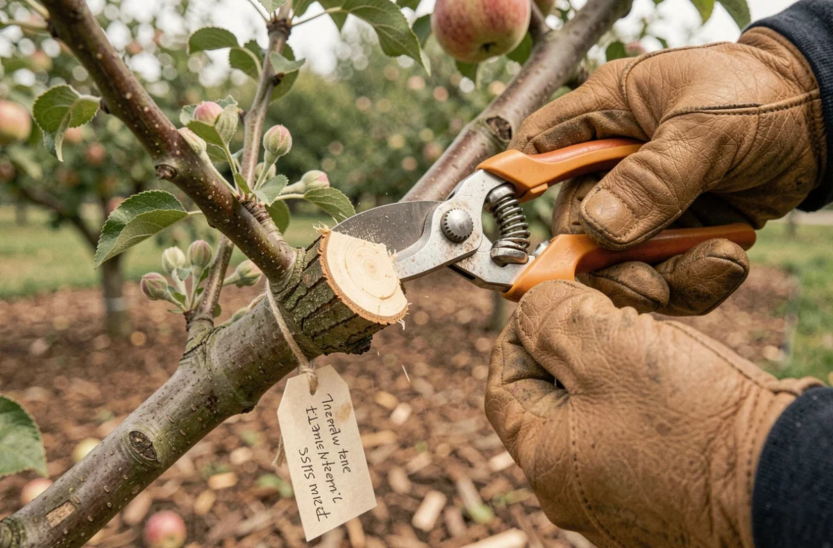 Gros plan mains gantées réalisant une coupe nette au sécateur sur rameau de pommier