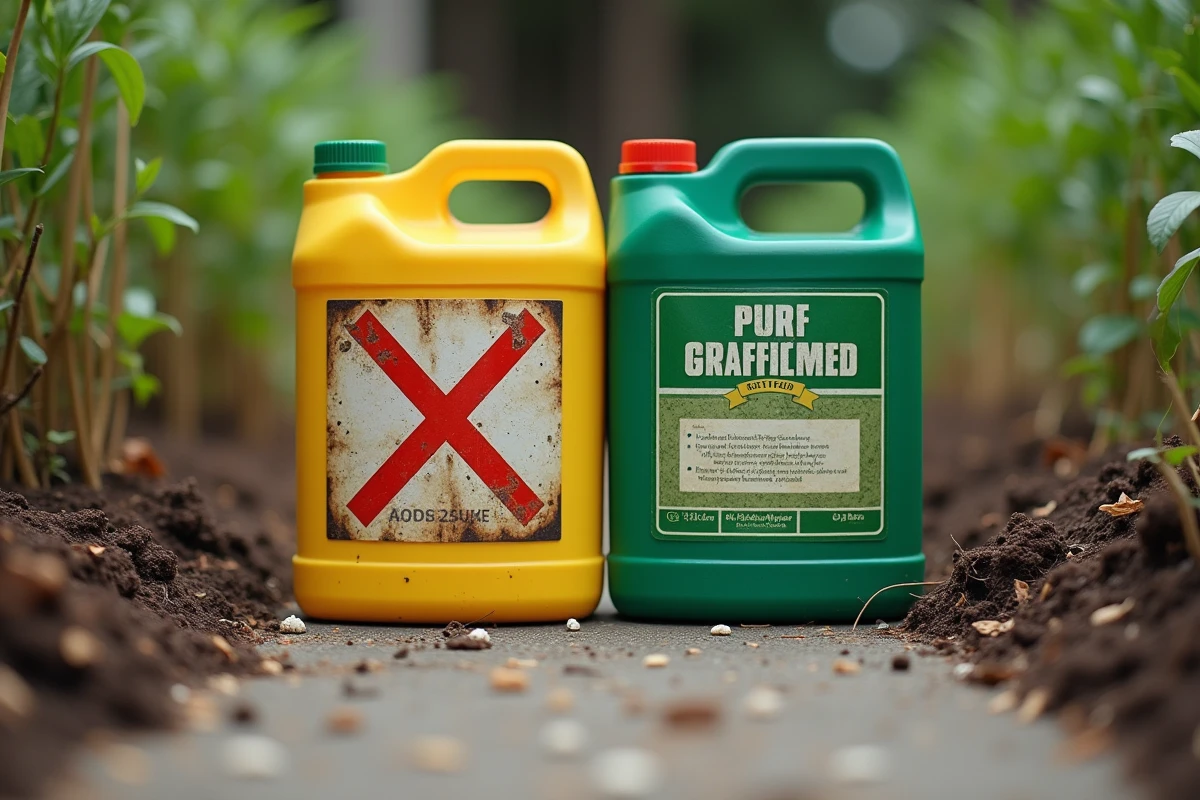 Gros plan sur deux produits débroussaillants, l'un interdit et l'autre autorisé, posés sur une surface en béton de jardin