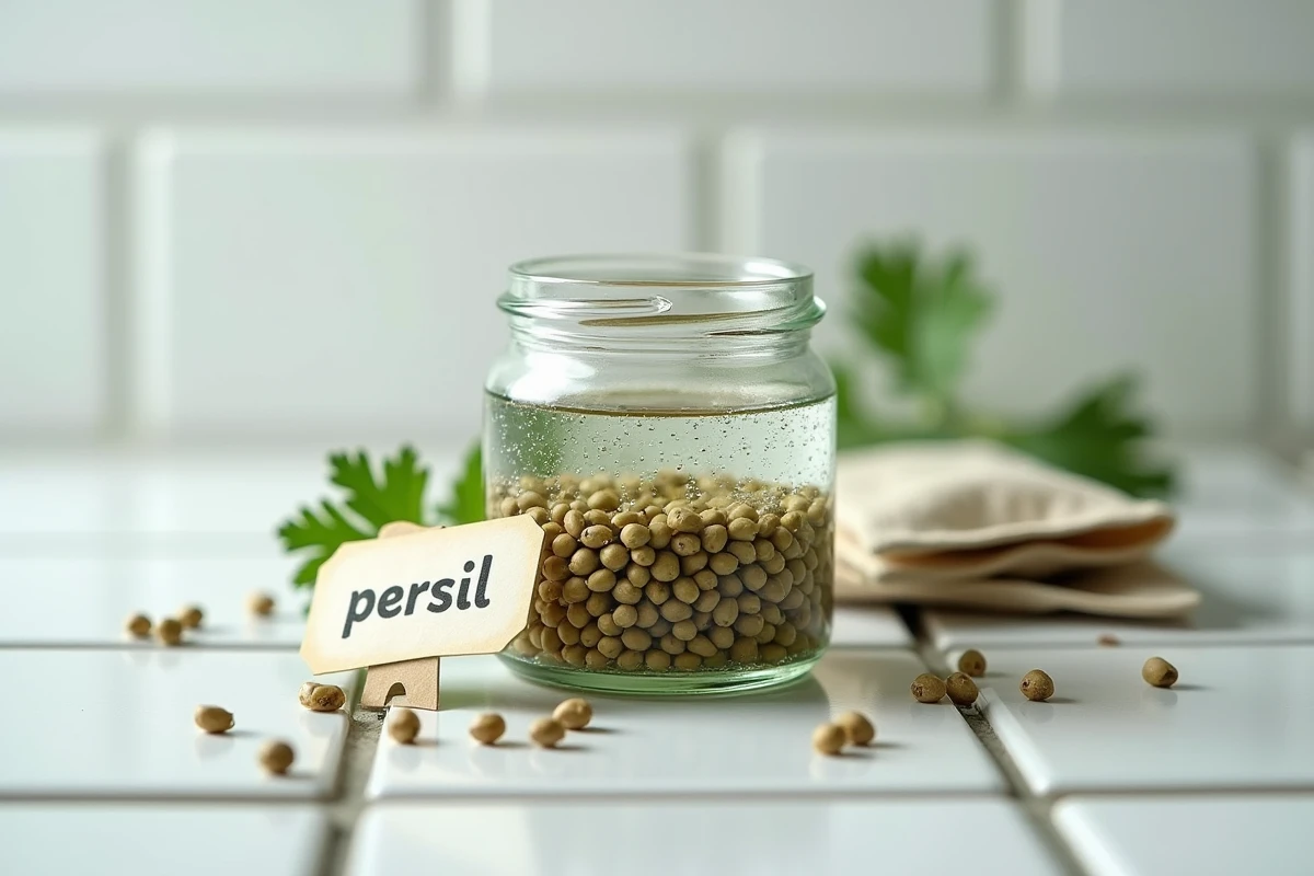 Gros plan de graines de persil en train de tremper dans un bocal en verre avec des bulles d'air visibles