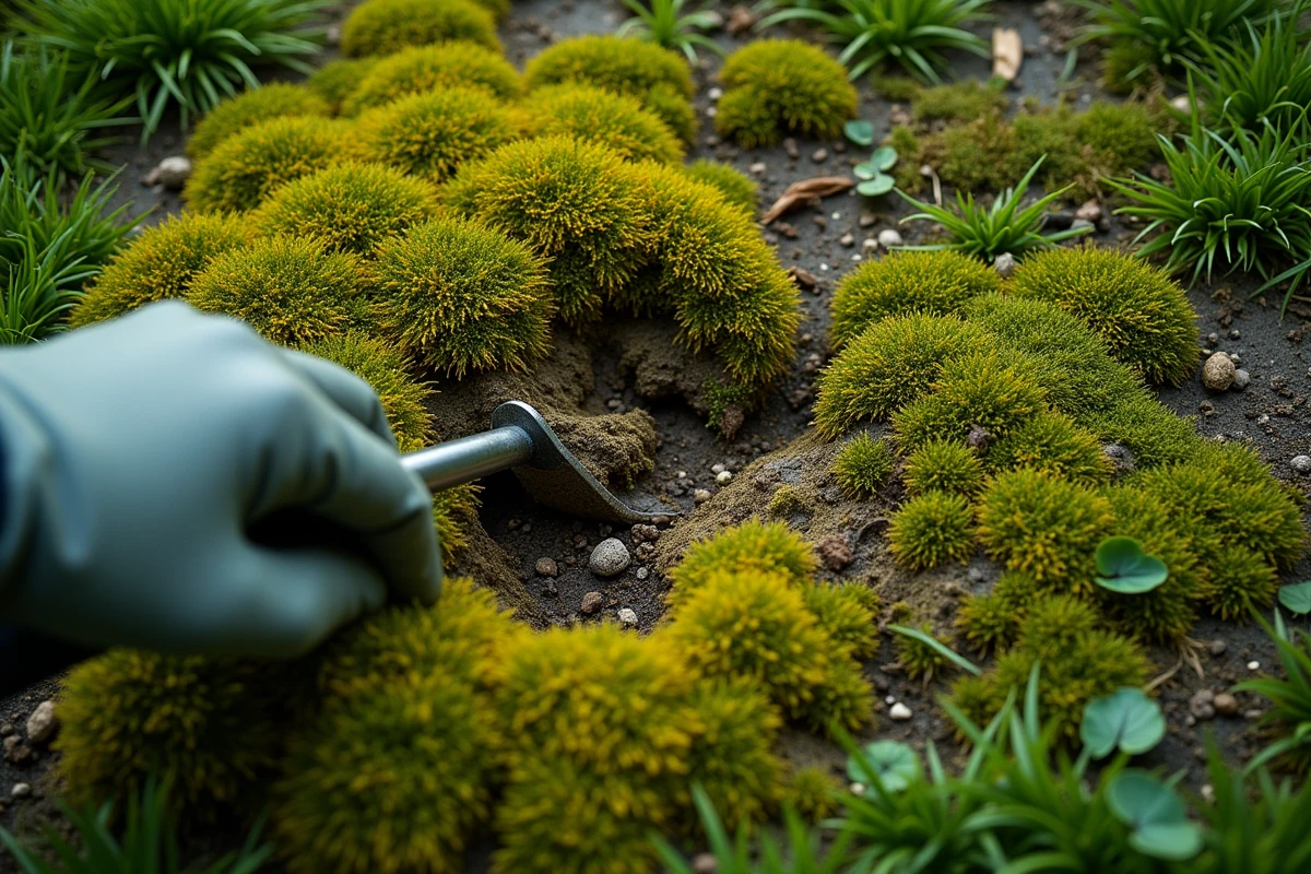 Gros plan sur une pelouse envahie par la mousse avec un outil de scarification dans une main gantée