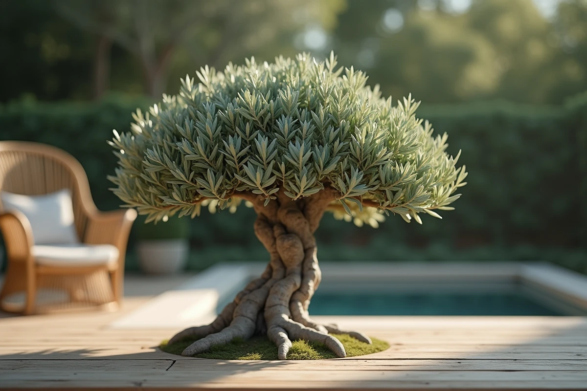 Gros plan sur la taille en nuage d'un olivier en pot sur une terrasse en bois avec mobilier en rotin