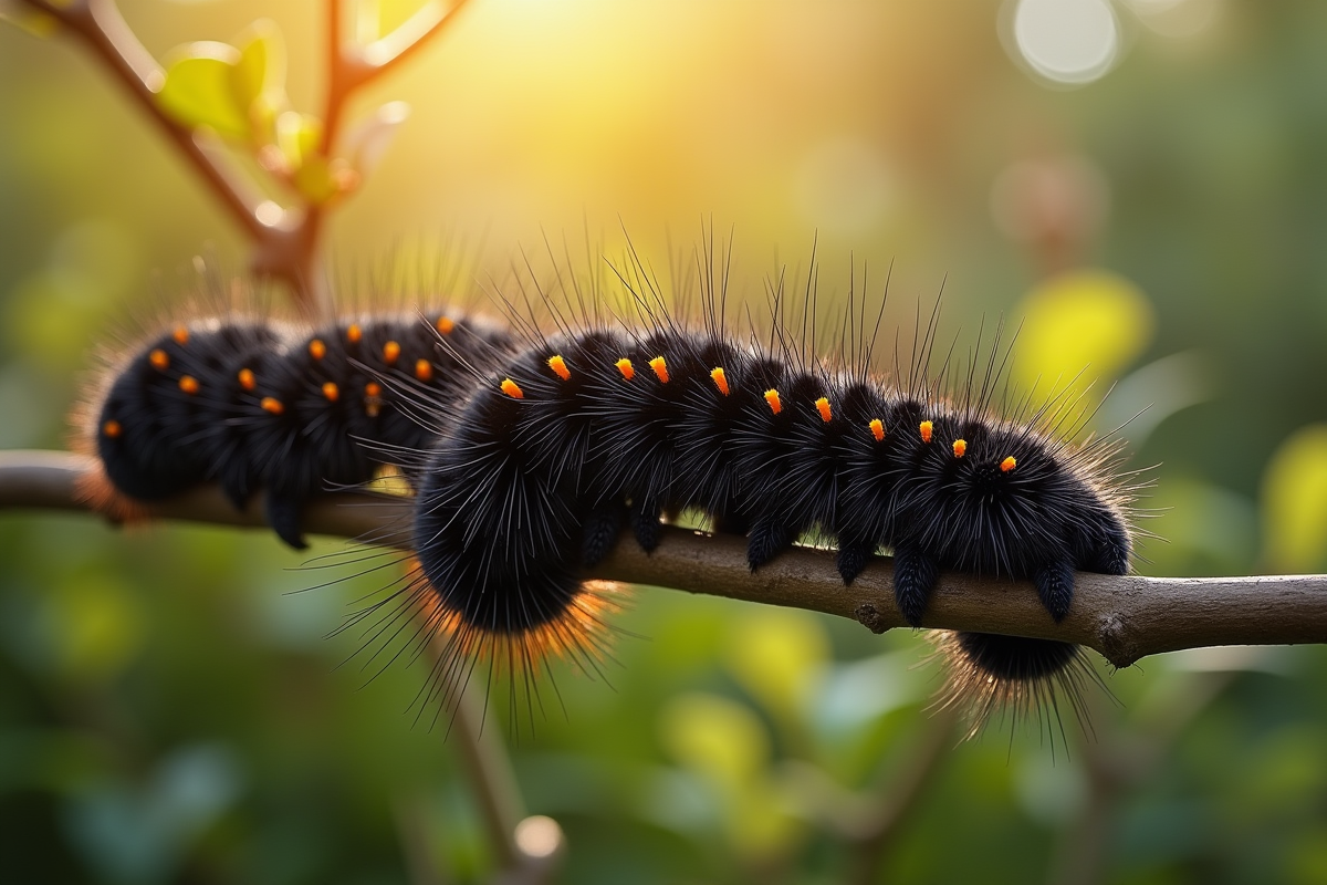 Plusieurs chenilles noires sur une branche au matin