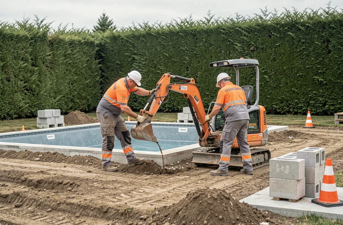 Équipe de construction du Groupe GA Piscines travaillant sur un chantier résidentiel dans le Nord de la France