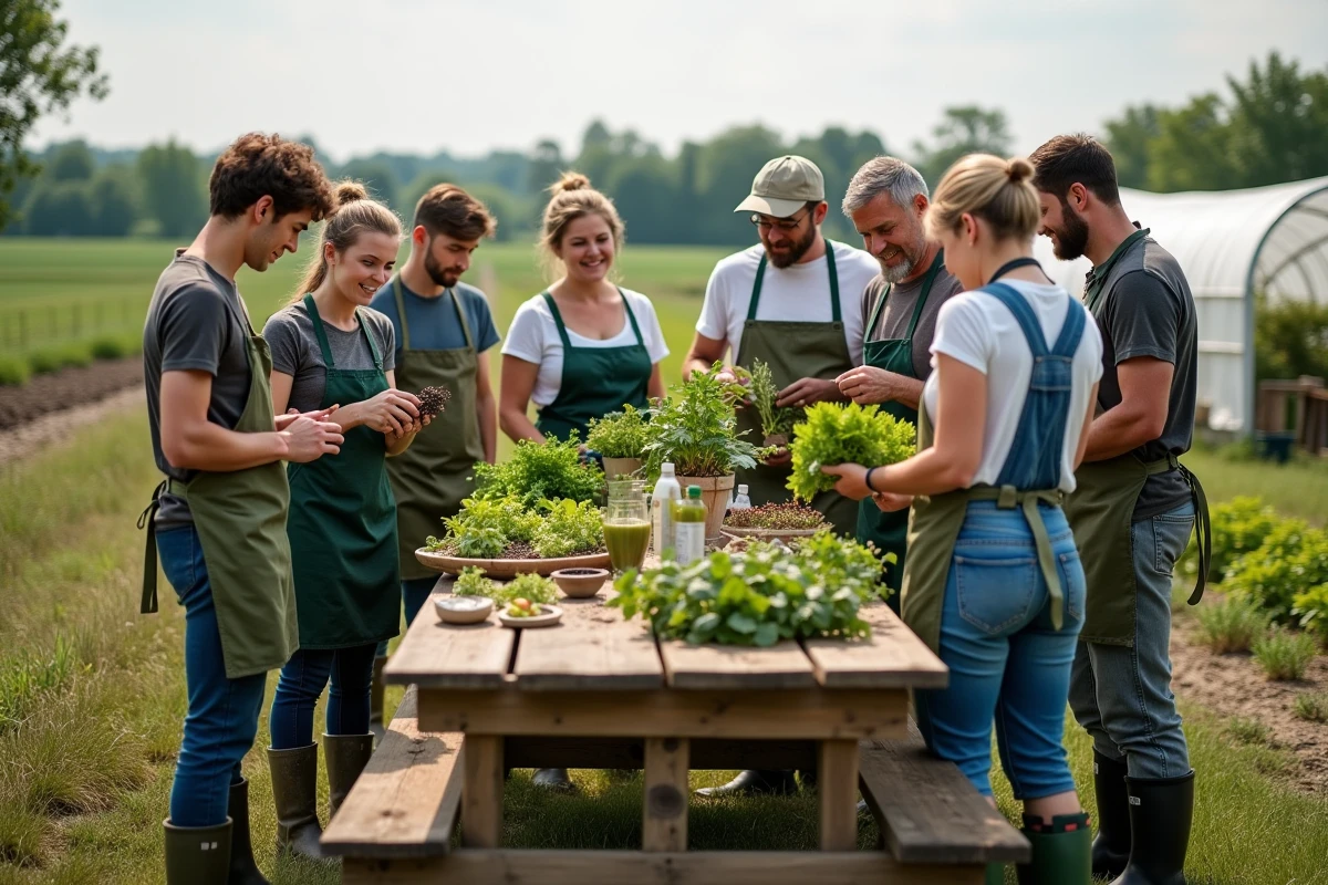 Groupe de travailleurs agricoles autour d