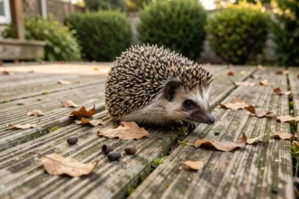 Hérisson en boule sur une terrasse en bois avec des crottes visibles au premier plan