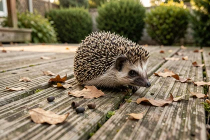 Hérisson en boule sur une terrasse en bois avec des crottes visibles au premier plan