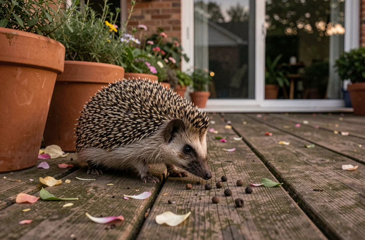 Hérisson fouillant sur une terrasse au crépuscule avec des crottes visibles sur les planches en bois