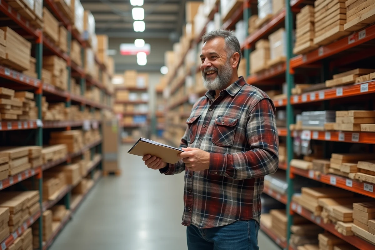 Homme souriant examinant un kit d'abri de jardin en magasin