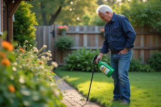 Homme appliquant un herbicide dans un jardin verdoyant