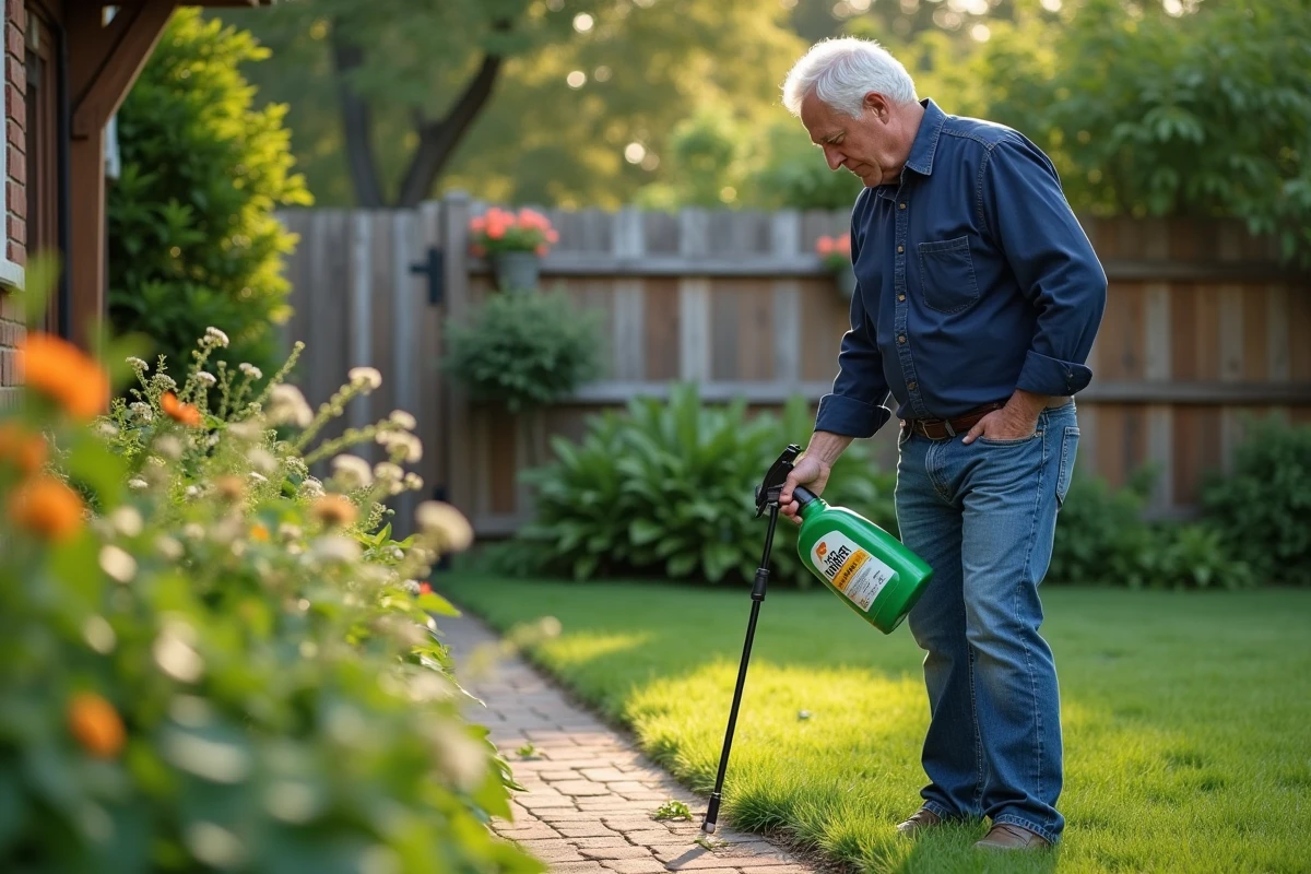 Homme appliquant un herbicide dans un jardin verdoyant