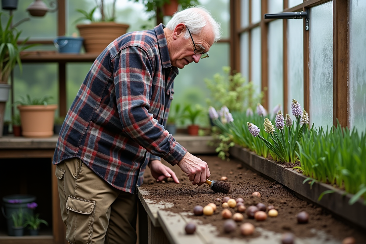Homme âgé nettoyant des bulbes dans une serre