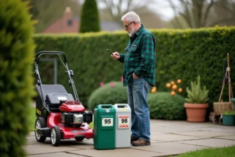 Homme en jeans examine deux bidons de carburant dans le jardin