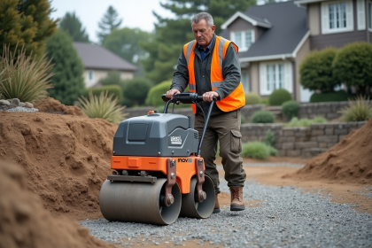 Ouvrier utilisant un compacteur sur un terrain en construction