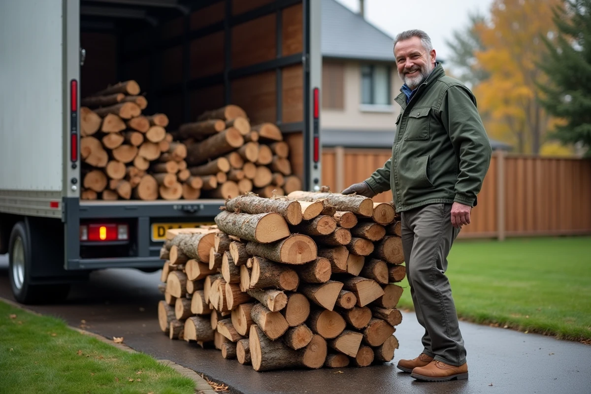 Homme en vêtements casual déchargeant du bois devant maison