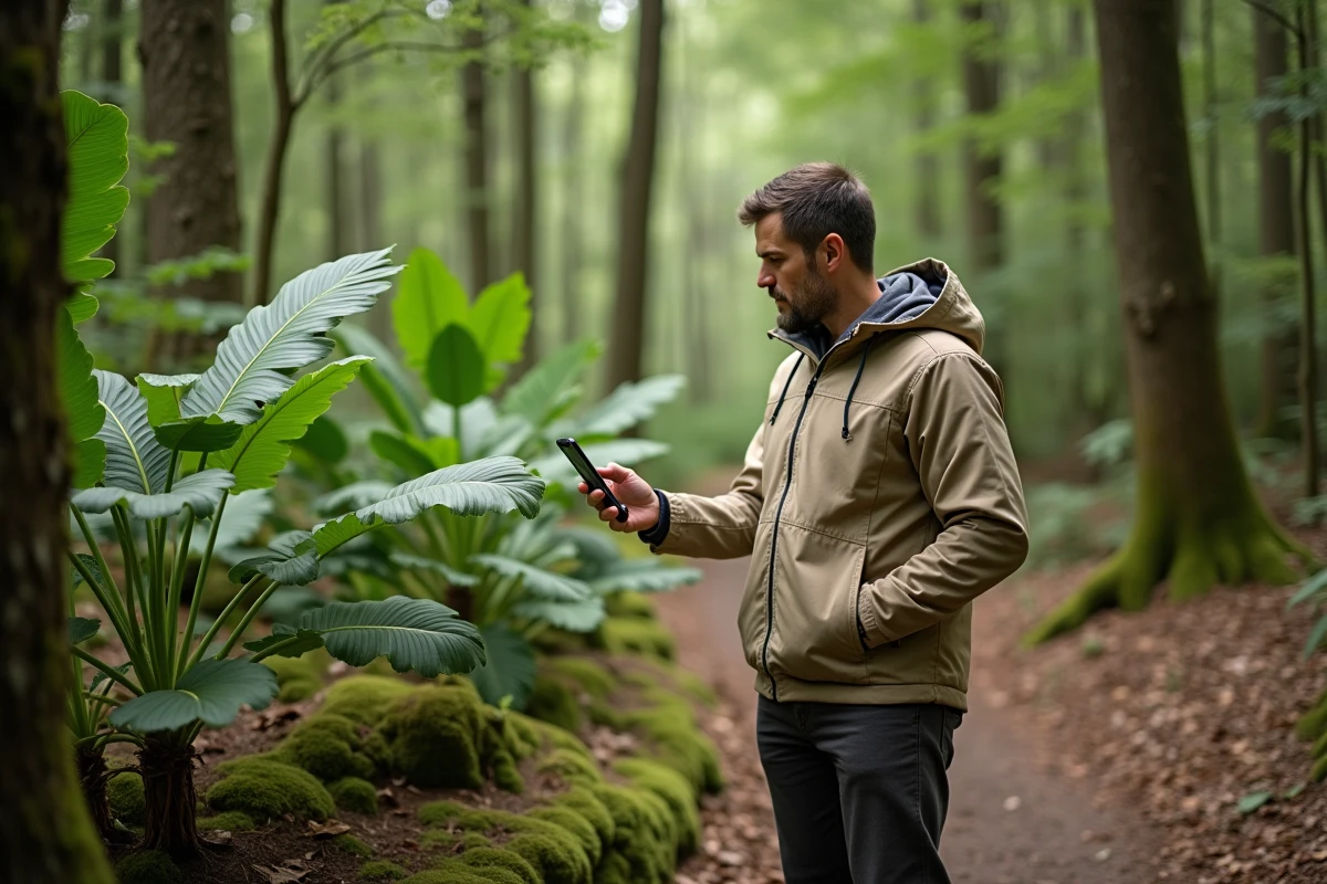 Homme débutant en botanique identifiant une feuille en forêt avec l'application gratuite PlantNet sur smartphone Android
