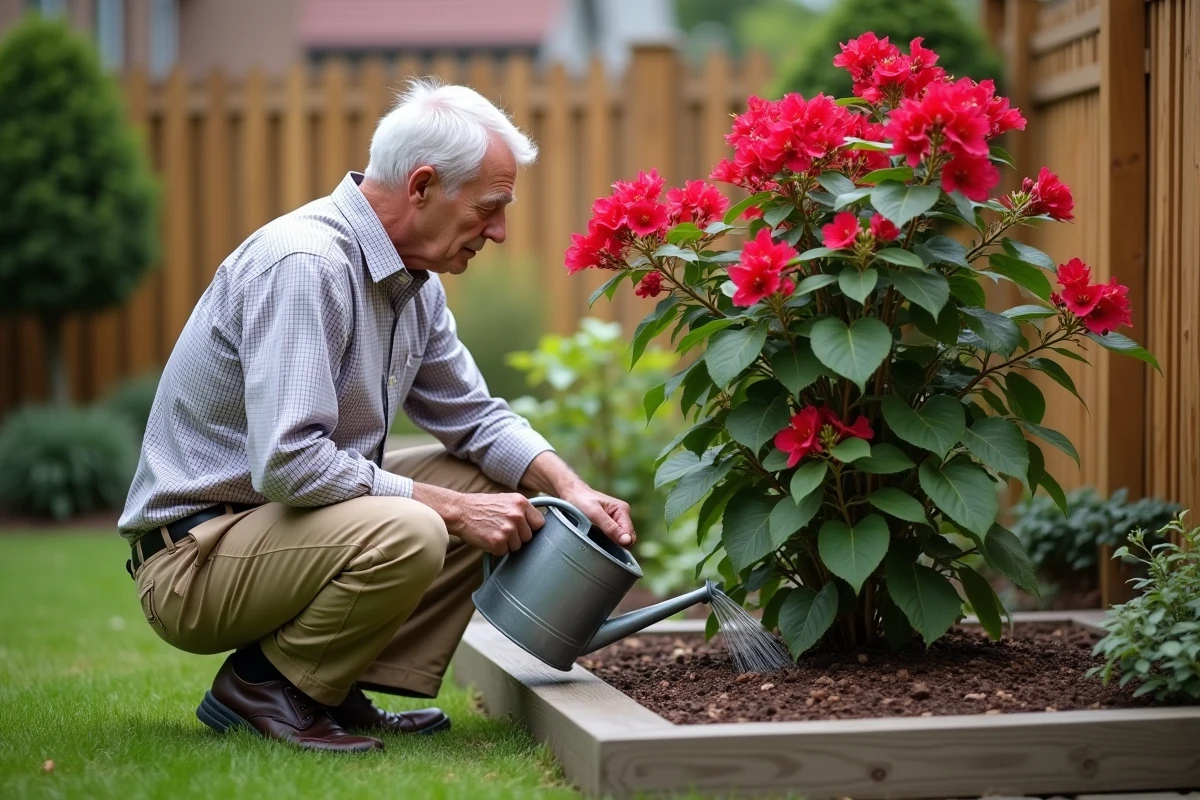 Homme âgé arrosant un bougainvillea dans le jardin