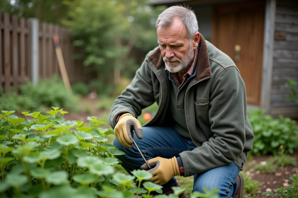 Homme d'âge moyen examine une bouteille de désherbant dans un jardin