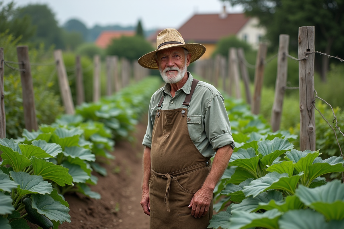 Homme âgé près de plants de courgettes et concombres dans le jardin