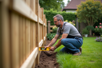 Homme d'âge moyen installant une clôture en bois dans un jardin