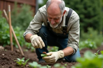 Homme d'âge moyen dans un jardin observant une coccinelle