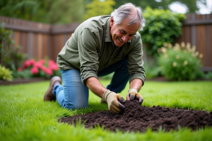 Homme en jardinage étalant du compost sur la pelouse