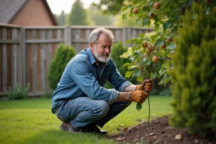 Homme en jardinage examinant des galles de chêne dans son jardin
