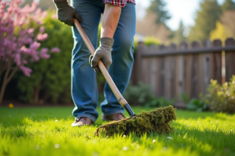 Homme d'âge moyen en tenue de jardinage ratisse la mousse