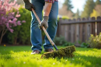 Homme d'âge moyen en tenue de jardinage ratisse la mousse