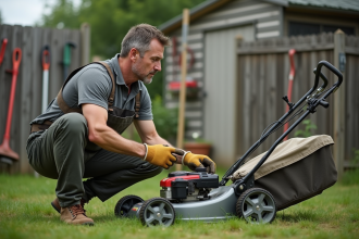 Homme d'âge moyen examine la lame d'une tondeuse dans le jardin